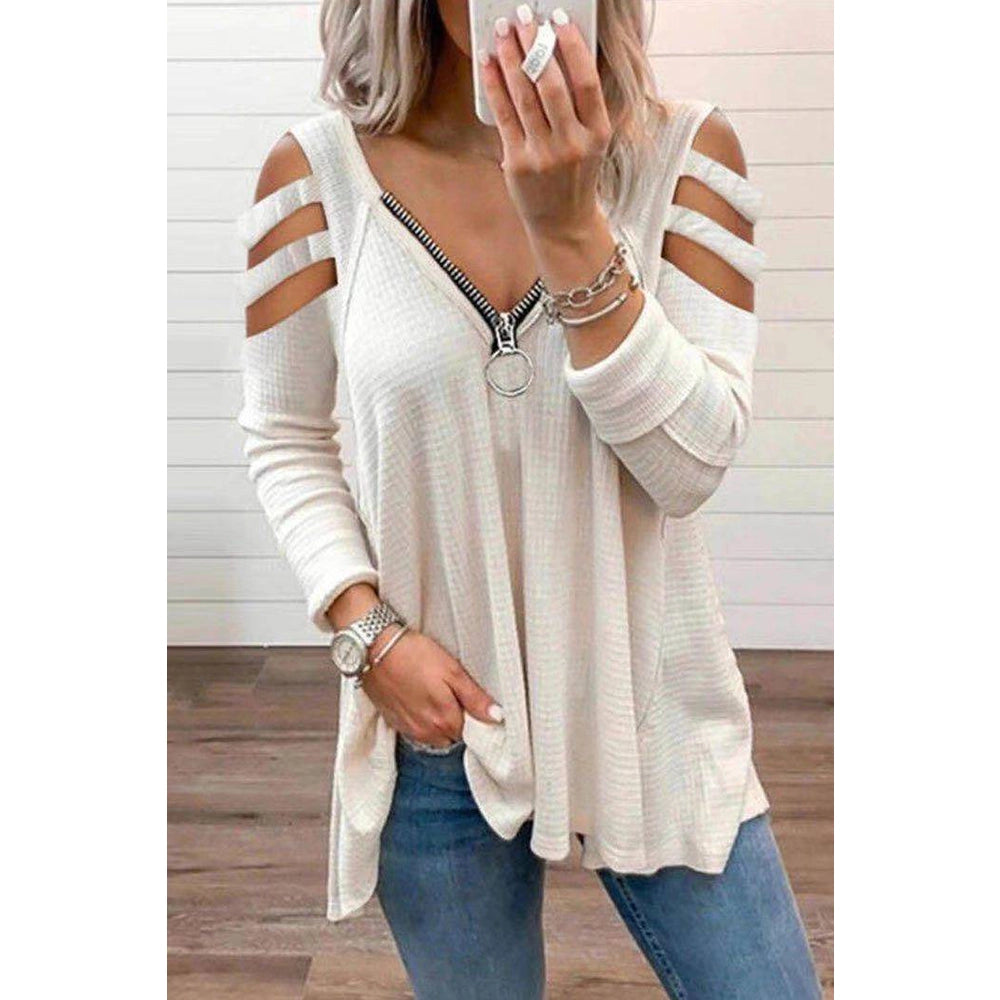 White Zipper V-Neck Off Shoulder Top