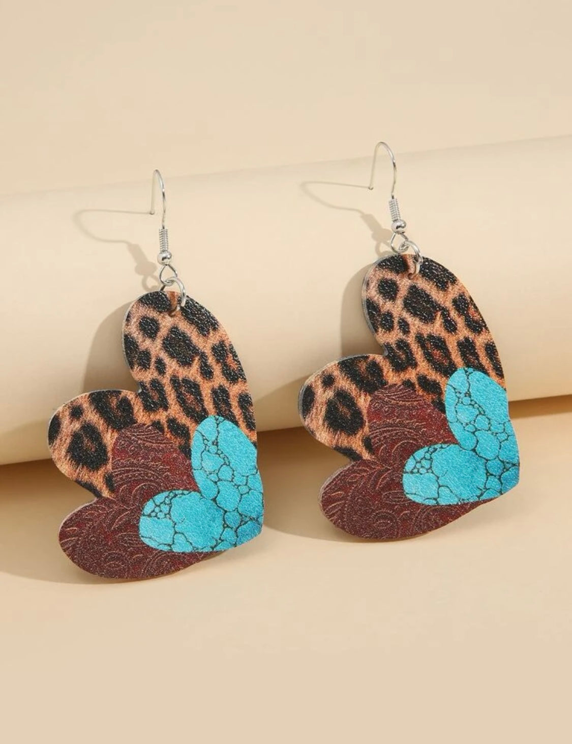 Leopard/Turq Heart Earrings
